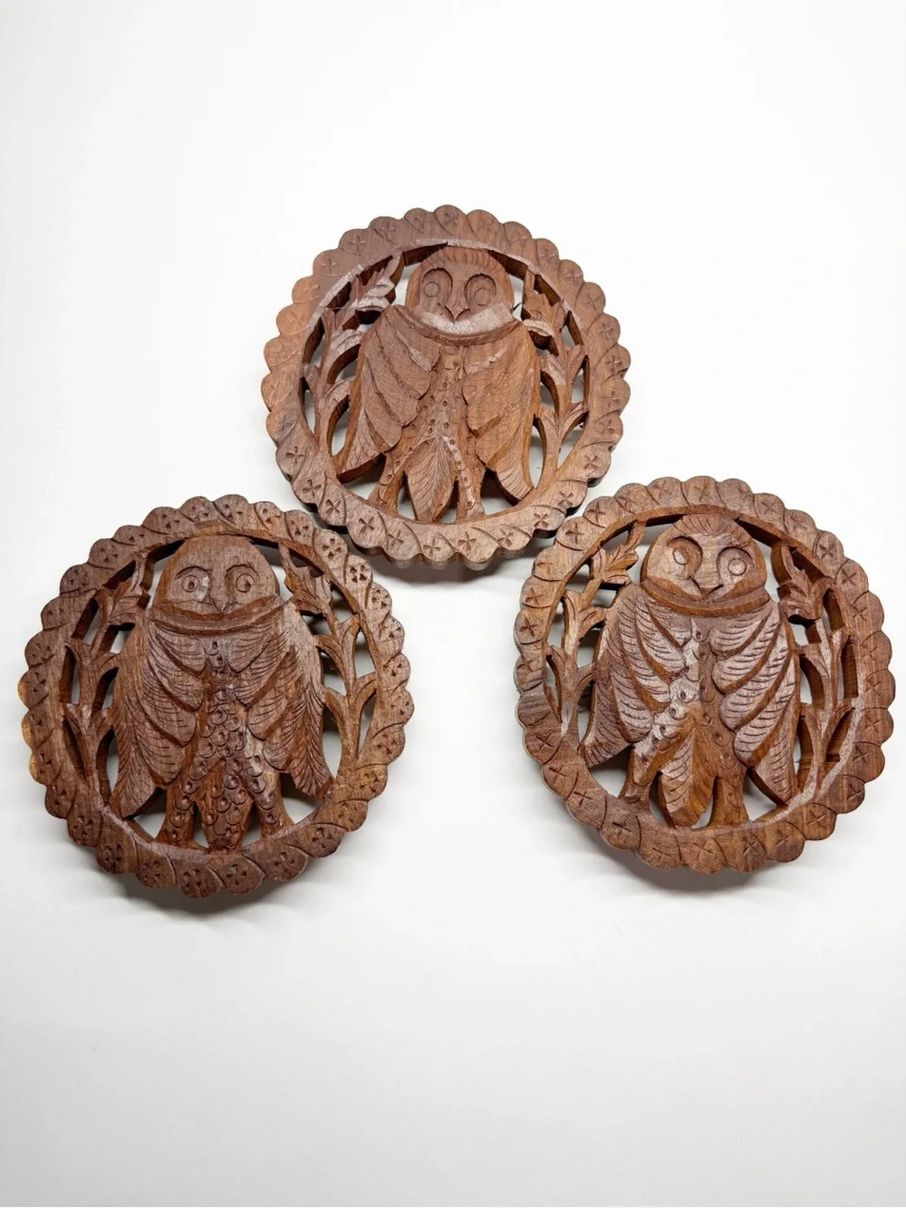 Vintage Hand Carved Wood Owl Trivets Coasters Set of 3
